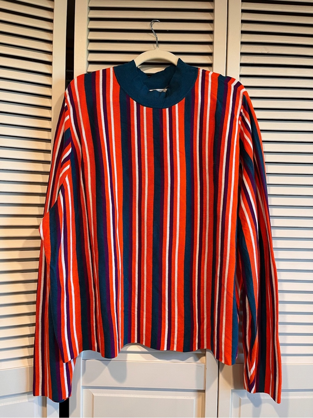 Victor Glemaud Teal Ribbed Crewneck with Multicolor Stripes